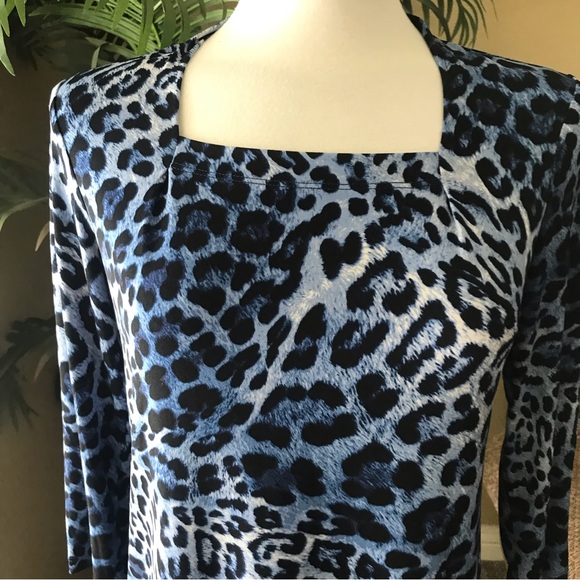 Susan Graver blue animal print square neck stretch top - Picture 2 of 5